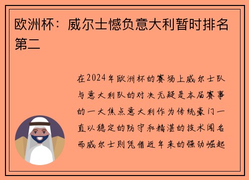 欧洲杯：威尔士憾负意大利暂时排名第二